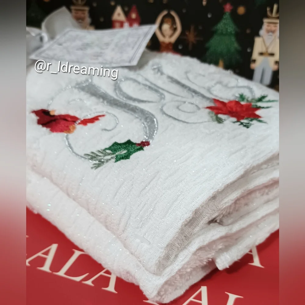 NWT Beekman Home Joy Embroidered Handtowel In Silver, Red, And White